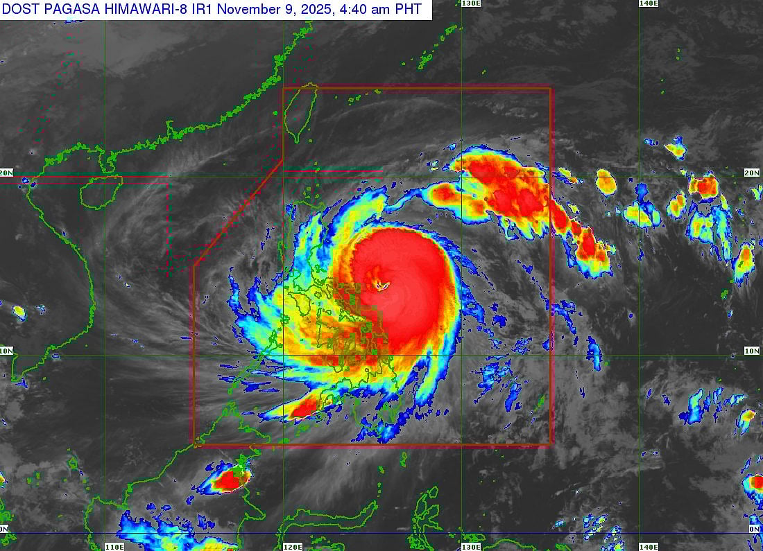Typhoon Uwan's location as of 4.40am, Nov. 9, 2025. Known internationally as Fiung Wong, the system has undergone what weathermen called "rapid intensification".