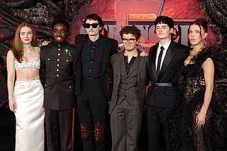 Sadie Sink, Caleb McLaughlin, Finn Wolfhard, Gaten Matarazzo, Noah Schnapp and Millie Bobby Brown attend the Los Angeles Premiere of Netflix's "Stranger Things" Season 5 at TCL Chinese 6 Theatres on November 06, 2025 in Hollywood, California.
