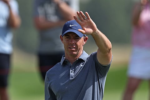 Ireland's Rory McIlroy gestures after playing a shot on the 7th hole during the European Tour of Abu Dhabi Championship 2025 golf tournament in Abu Dhabi on November 9, 2025.
