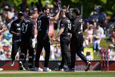 New Zealand' Jacob Duffy (C) celebrates West Indies' Amir Jangoo being bowled during the third Twenty20 international cricket match between New Zealand and West Indies at Saxton Oval in Nelson on November 9, 2025.