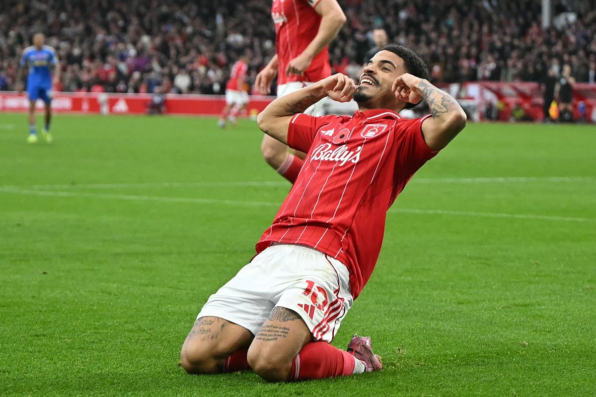Nottingham Forest's English midfielder Morgan Gibbs-White celebrates after scoring their second goal during the English Premier League football match against Leeds United at The City Ground in Nottingham, central England, on November 9, 2025.