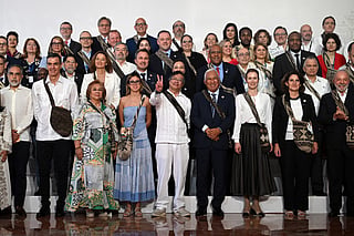 Colombia's Minister of the Interior Armando Benedetti, Spain's Prime Minister Pedro Sanchez, Colombia's Foreign Minister Rosa Yolanda Villavicencio, Antonella Petro, Colombia's President Gustavo Petro, European Council President Antonio Costa, EU High Representative and Vice-President for Foreign Affairs and Security Policy Kaja Kallas, EU Executive Vice-President for Clean, Just and Competitive Transition Teresa Ribera and Brazil's President Luiz Inacio Lula da Silva pose for the family photo ahead of the CELAC-EU Summit in Santa Marta, Colombia on November 9, 2025.