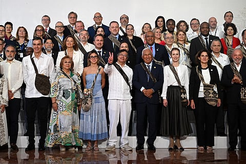 Colombia's Minister of the Interior Armando Benedetti, Spain's Prime Minister Pedro Sanchez, Colombia's Foreign Minister Rosa Yolanda Villavicencio, Antonella Petro, Colombia's President Gustavo Petro, European Council President Antonio Costa, EU High Representative and Vice-President for Foreign Affairs and Security Policy Kaja Kallas, EU Executive Vice-President for Clean, Just and Competitive Transition Teresa Ribera and Brazil's President Luiz Inacio Lula da Silva pose for the family photo ahead of the CELAC-EU Summit in Santa Marta, Colombia on November 9, 2025.