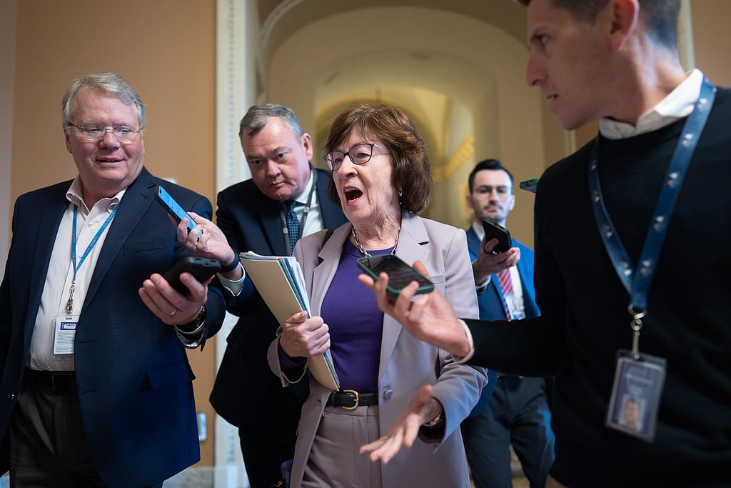 Sen. Susan Collins, chair of the Senate Appropriations Committee, arrives to meet with fellow Republicans behind closed doors to discuss proposals on ending the government shutdown, at the Capitol in Washington, Friday, Nov. 7, 2025.