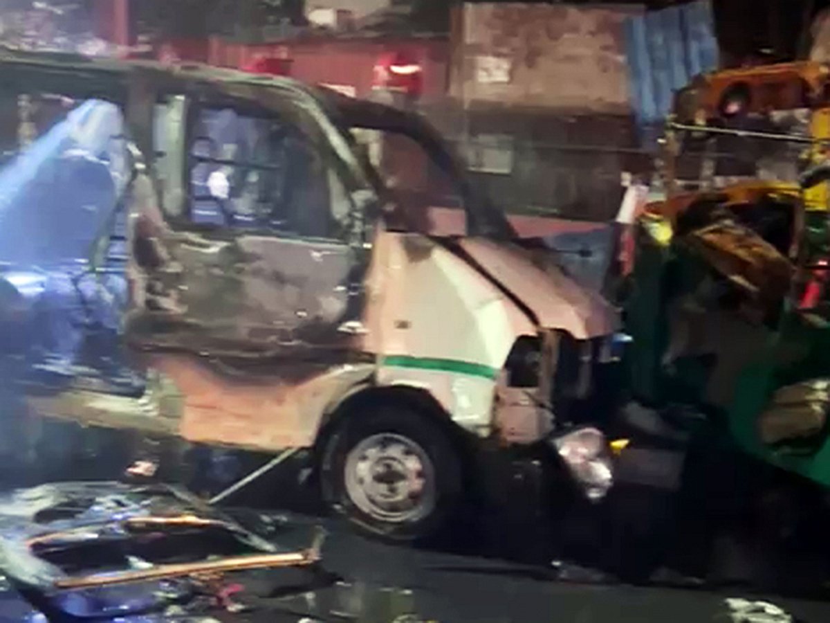 New Delhi, Nov 10 (ANI): Charred remains of vehicles after an explosion in a car near the Red Fort, in Delhi on Monday. (Fire Department/ANI Video Grab)