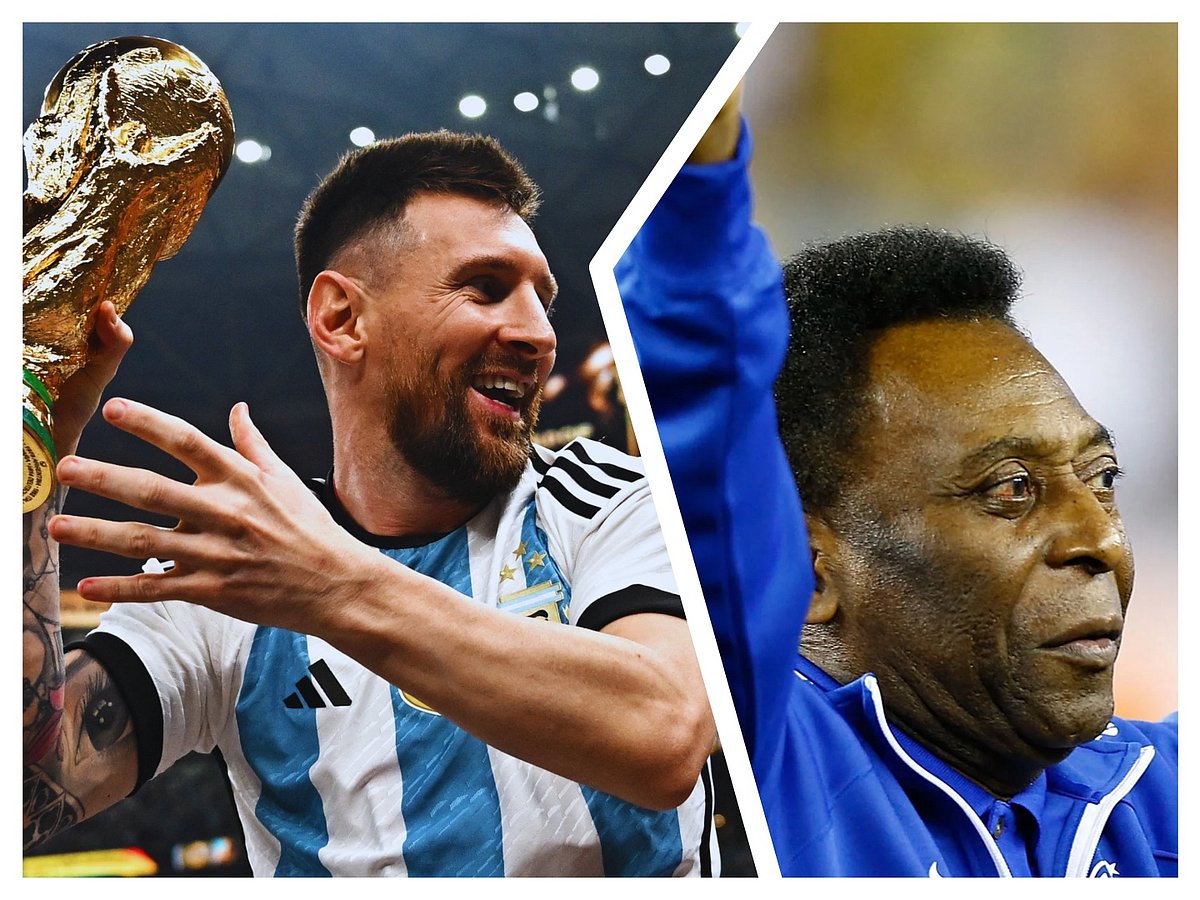 A collage of Messi with the World cup and the great Pele
