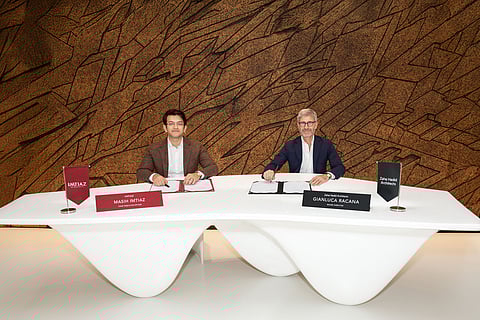 Masih Imtiaz, CEO of Imtiaz Developments, and Gianluca Racana, Director at Zaha Hadid Architects, at the signing ceremony at the Zaha Hadid Headquarters in London