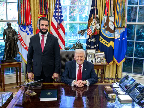 US President Donald Trump with Syrian President Ahmed Hussein al-Sharaa.