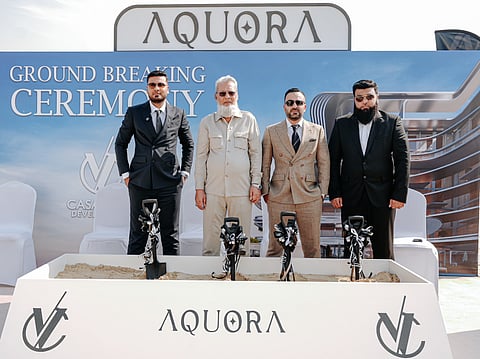 Abdul Basit Musani, chairman and Muhammad Tariq Musani, Group CEO, of Casa Vista Development, joined by their father and brother – members of the founding family – at the groundbreaking ceremony of Aquora
