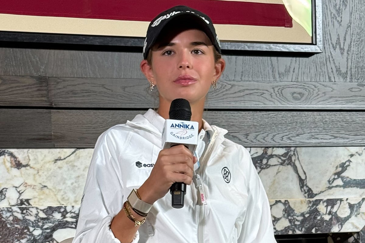 Kai Trump speaks during a press conference for The Annika LPGA golf tournament, Tuesday, Nov. 11, 2025, in Belleair, Fla..