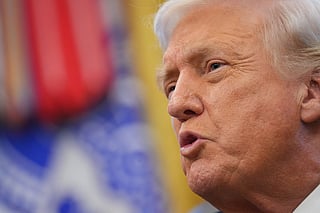 President Donald Trump speaks to reporters after Vice President JD Vance swore in U.S. Ambassador to India Sergio Gor in the Oval Office of the White House, Monday, Nov. 10, 2025, in Washington. (AP Photo/Jacquelyn Martin)