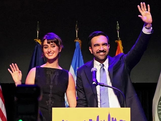 New York City Democratic mayor Zohran Mamdani waves with his wife Rama Duwaji