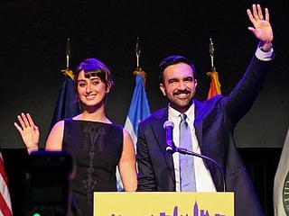 New York City Democratic mayor Zohran Mamdani waves with his wife Rama Duwaji