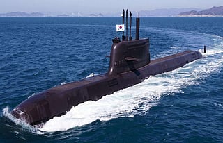 The KSS-III submarine, shown here in a South Korea Ministry of Defence photo, carries a crew of 50 and has a displacement of 3,358 tonnes on the surface and 3,705 tonnes when submerged. It measures 274 feet in length with a beam of 31.5 feet.