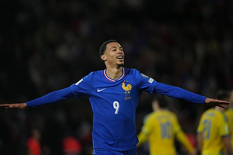 France's Hugo Ekitike celebrates his side's fourth goal during a World Cup 2026 group D qualifying soccer match between France and Ukraine in Paris, Thursday, Nov. 13, 2025. 