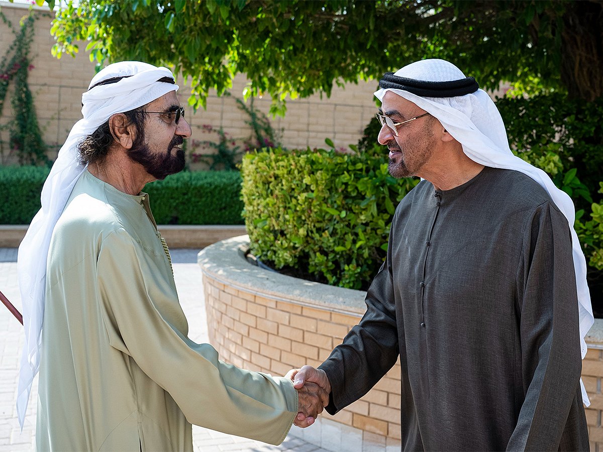 President His Highness Sheikh Mohamed bin Zayed Al Nahyan with His Highness Sheikh Mohammed bin Rashid Al Maktoum, Vice President, Prime Minister, and Ruler of Dubai.