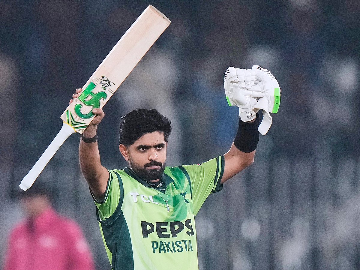 Pakistan's Babar Azam celebrates after his century during the second ODI match against Sri Lanka, in Rawalpindi, Pakistan, on Friday, November 14, 2025. 