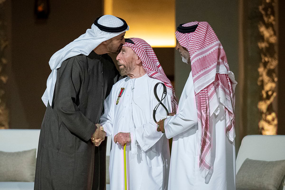 President His Highness Sheikh Mohamed bin Zayed Al Nahyan on Thursday honoured 10 inspirational individuals whose selfless deeds have positively impacted the UAE community, as part of the 12th edition of the Abu Dhabi Awards, during a ceremony held at Qasr Al Hosn in Abu Dhabi. Above, Sheikh Mohamed is seen greeting award winner Obaid bin Kanish Al Hamli during the ceremony.