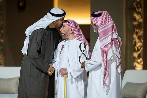 President His Highness Sheikh Mohamed bin Zayed Al Nahyan on Thursday honoured 10 inspirational individuals whose selfless deeds have positively impacted the UAE community, as part of the 12th edition of the Abu Dhabi Awards, during a ceremony held at Qasr Al Hosn in Abu Dhabi. Above, Sheikh Mohamed is seen greeting award winner Obaid bin Kanish Al Hamli during the ceremony.
