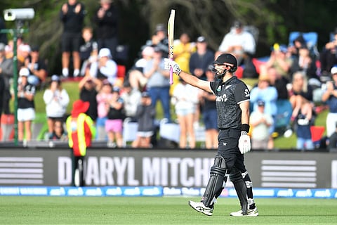 New Zealand's Daryl Mitchell walks back to the pavilion after his dismissal during the first one-day international cricket match against West Indies at Hagley Oval in Christchurch on November 16, 2025.