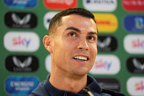 Portugal's Cristiano Ronaldo speaks during a press conference in Dublin, Ireland, Wednesday Nov. 12, 2025, ahead of Thursday's World Cup qualifying soccer match against Ireland. (Brian Lawless/PA via AP)