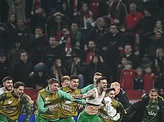 Ireland's forward #07 Troy Parrott celebrates his 2-3 during the FIFA World Cup 2026 Group F European qualification football match betweem Hungary and Republic of Ireland at the Puskas Arena in Budapest, Hungary on Novemeber 16, 2025.