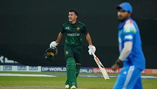 Pakistan Shaheens' Maaz Sadaqat celebrates.