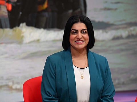 A handout picture released by the BBC, taken and received on November 16, 2025, shows Britain's Home Secretary Shabana Mahmood appearing on the BBC's 'Sunday Morning' political television show with journalist Laura Kuenssberg.