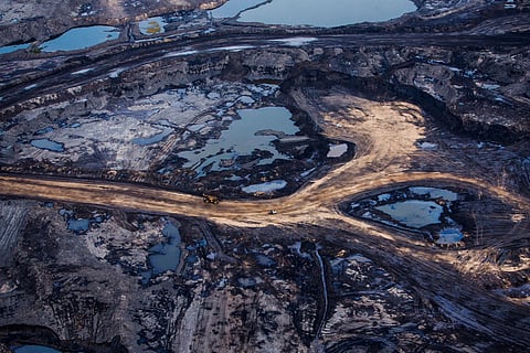 Aerial view of an open-pit oil sands mine in the Athabasca region of northeastern Alberta, Canada.