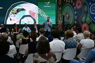 The Minister for Climate Change and Energy of Australia, Chris Bowen, speaks at Australia's pavilion during the COP30 UN Climate Change Conference in Belem, Para State, Brazil, on November 17, 2025.