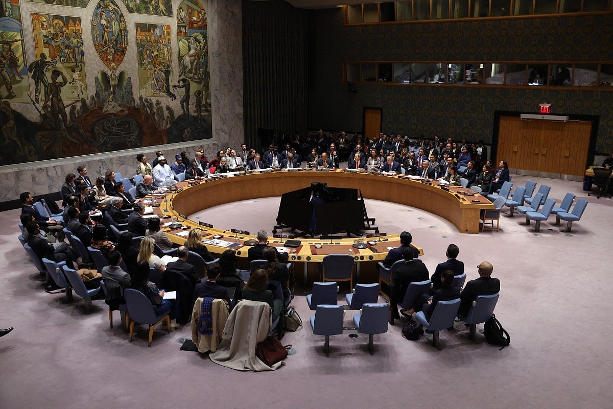 Ambassadors and representatives to the United Nations meet at the UN Security Council to vote on a US resolution on the Gaza peace plan at the UN Headquarters in New York City, November 17, 2025.
