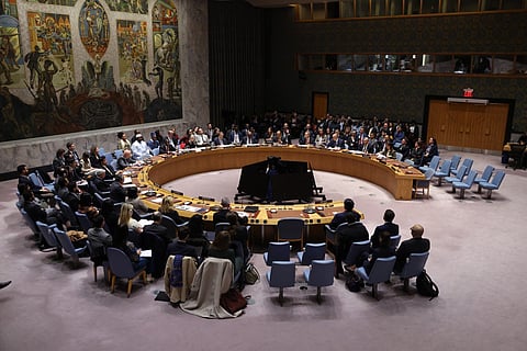 Ambassadors and representatives to the United Nations meet at the UN Security Council to vote on a US resolution on the Gaza peace plan at the UN Headquarters in New York City, November 17, 2025.