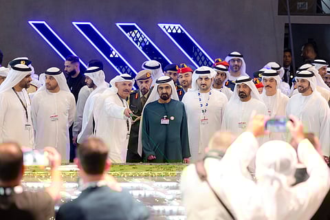 His Highness Sheikh Mohammed bin Rashid Al Maktoum, Vice President and Prime Minister of the UAE and Ruler of Dubai, visited the exhibition area of Dubai Airshow 2025 at Dubai World Central, accompanied by His Highness Sheikh Maktoum bin Mohammed bin Rashid Al Maktoum, First Deputy Ruler of Dubai, Deputy Prime Minister and Minister of Finance.