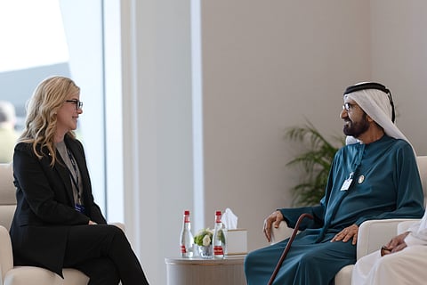 Sheikh Mohammed bin Rashid Al Maktoum meets with Stephanie Pope, Executive Vice President of The Boeing Company and President and CEO of Boeing Commercial Airplanes (BCA).