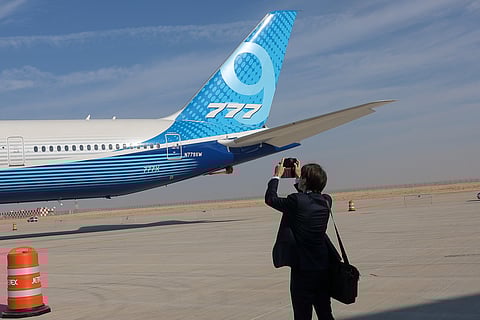 Boeing 777X on display on the opening day of Dubai Airshow 2025 at Dubai World Central on Monday. 
