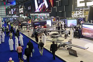 Visitors explore the first day of Dubai Airshow 2025 at Dubai World Central on Monday. Photo: Virendra Saklani/Gulf News