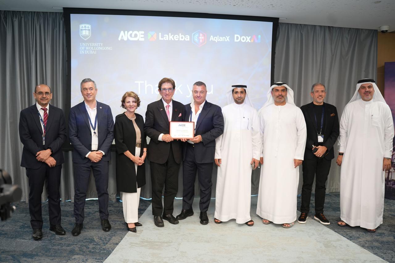 From left to right: Prof Mohamed Salem, President of UOWD; Demetrio Russo, CEO of AqlanX; Marisa Mastroianni, Managing Director and Group CEO, UOW Global Enterprises; John M Green, Chairman, UOW Global Enterprises; Giuseppe Porcelli, Chairman, Lakeba Group; H.E. Abdulla Belhoul, CEO of TECOM; H.E. Marwan Abdulaziz, Senior Vice President, Dubai Knowledge Park, Dubai International Academic City & Dubai Science Park – TECOM Group PJSC; Ahmed Hamzawy, Chief Partnership Officer, Microsoft UAE; and Dr Adil Al Zarooni, CEO, Al Zarooni Emirates Investments.