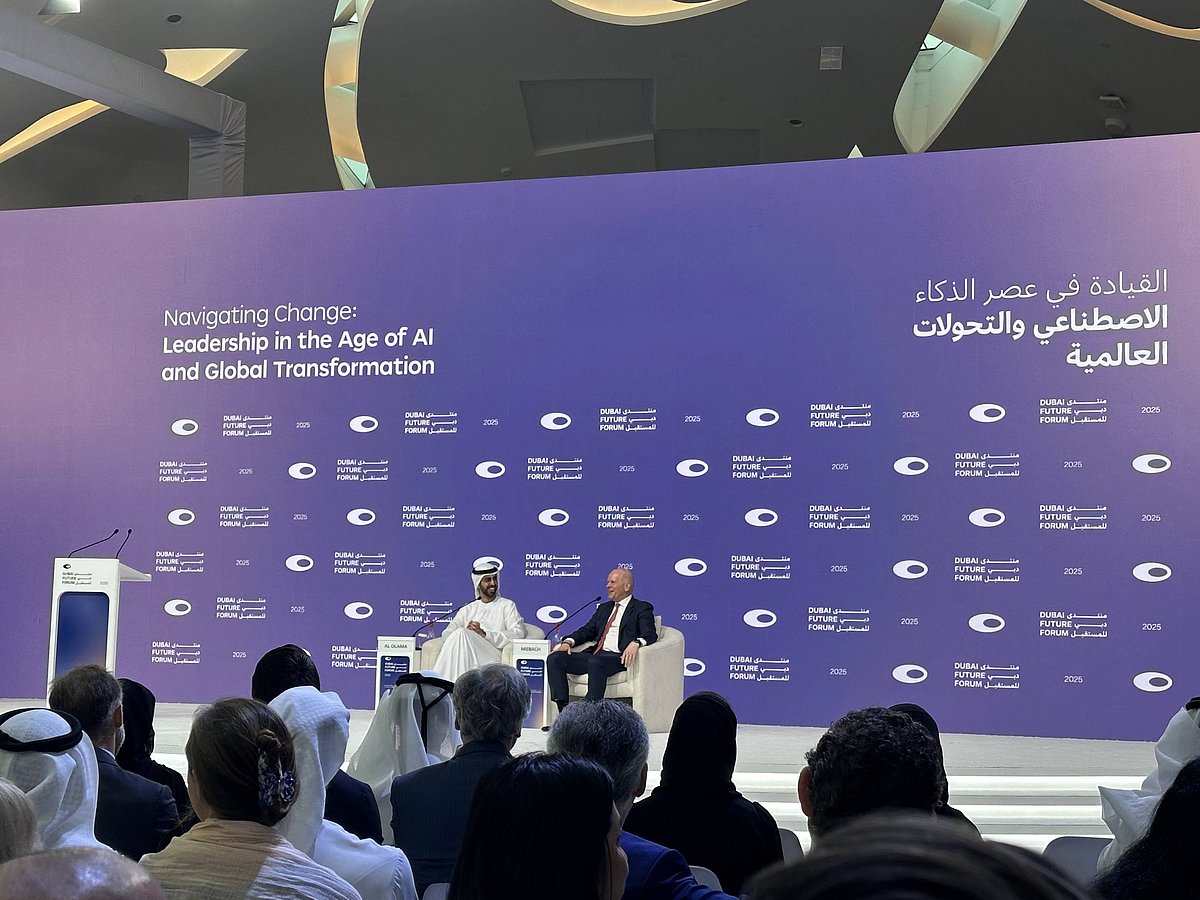Omar Al Olama, Minister of State for Artificial Intelligence, Digital Economy and Remote Work Applications, and Michael Miebach, CEO of Mastercard, at the Dubai Future Forum 2025.