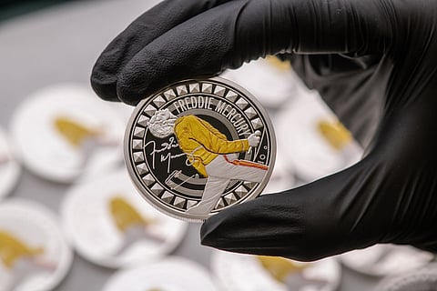 This photo provided by Royal Mint on Nov. 15, 2025, shows a UK coin to celebrate one of the greatest showmen of all time, Freddie Mercury.