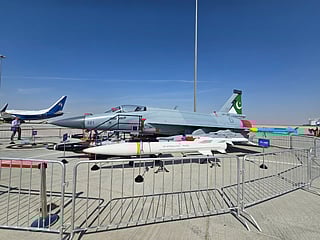 Pakistan's JF-17 Thunder fighter jet on display at Dubai Airshow 2025