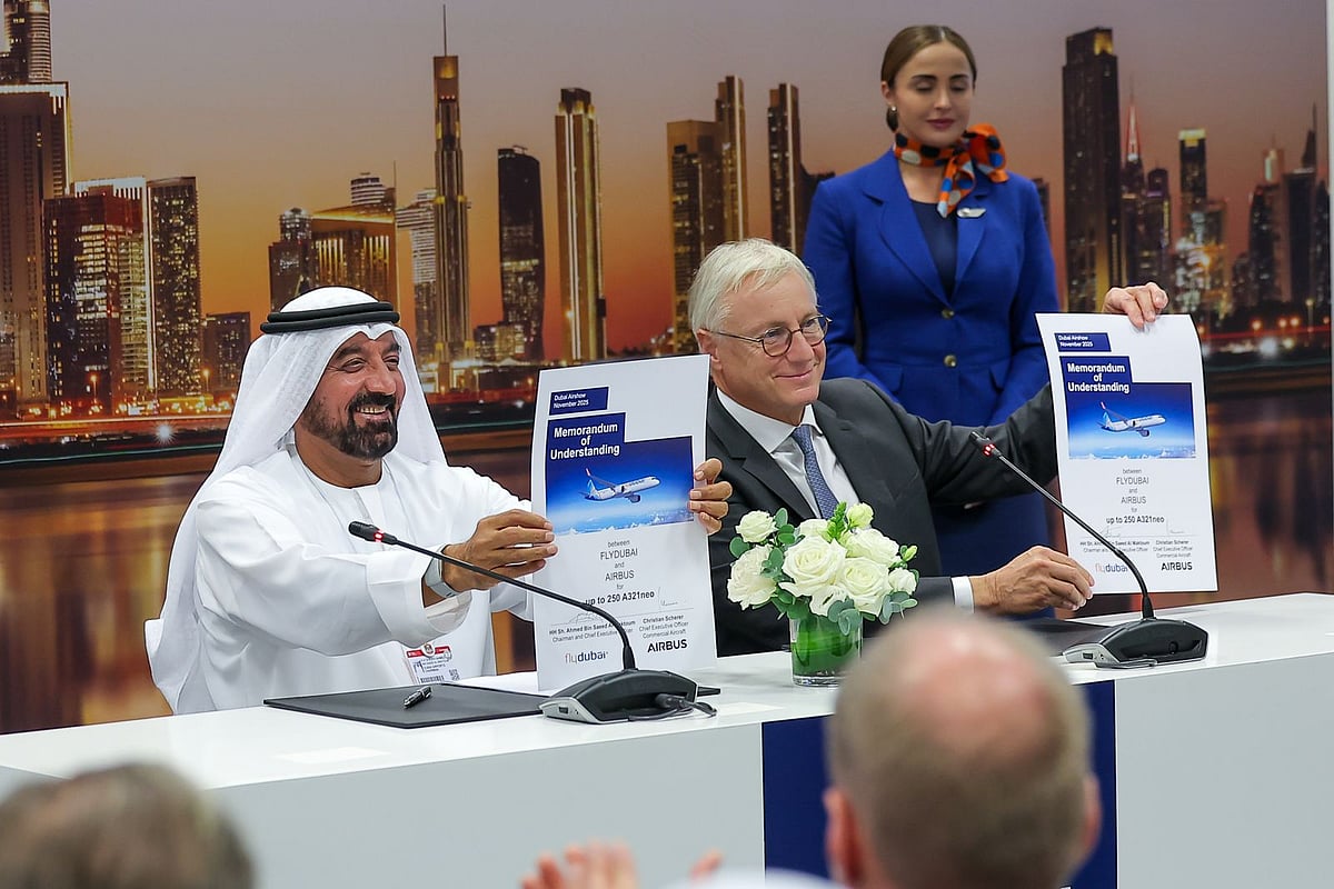 Sheikh Ahmed bin Saeed Al Maktoum, Chairman and CEO of flydubai, and Christian Scherer, CEO Commercial Aircraft at Airbus ink MoU to buy 150 Airbus jets.