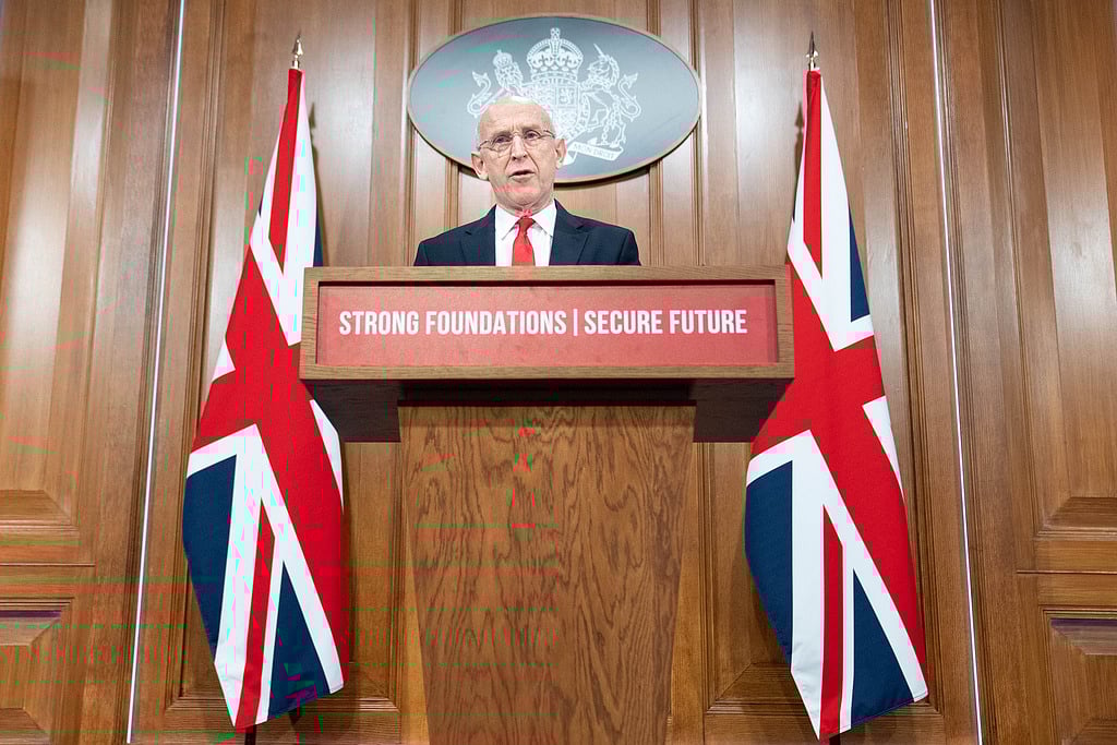British Defence Secretary John Healey delivers a speech on how the UK's defence industry is delivering growth and national renewal across the UK, at No 9 Downing Street in central London, Wednesday Nov. 19, 2025. (Stefan Rousseau/Pool Photo via AP)