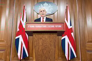 British Defence Secretary John Healey delivers a speech on how the UK's defence industry is delivering growth and national renewal across the UK, at No 9 Downing Street in central London, Wednesday Nov. 19, 2025. (Stefan Rousseau/Pool Photo via AP)