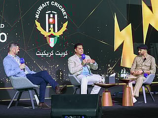 Simon Doull, Waqar Younis, and Harbhajan Singh during the fireside chat at the celebration of the DP World ILT20 and Kuwait Cricket Board partnership