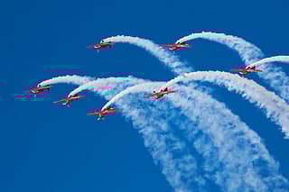 Marche Verte, the aerobatic team of the Royal Moroccan Air Force, delivers a powerful aerial display at the Dubai Airshow 2025.