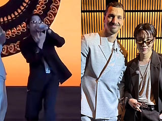 J-Hope performed his hit song 'Mona Lisa' (left) and snapped a selfie with football legend Zlatan Ibrahimović (right).