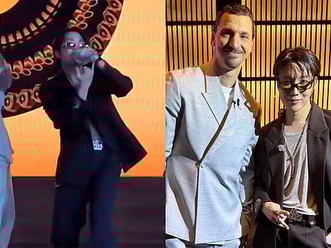 J-Hope performed his hit song 'Mona Lisa' (left) and snapped a selfie with football legend Zlatan Ibrahimović (right).