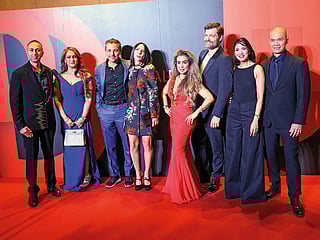 From left: Jigar Sagar (Investor Judge), Deepti Sagar; Sami Khoreibi (Investor Judge), Aya Alkadi; Farah (Angel); Nicholas Kjaer; Monica Hipolito-Aguilar (Executive Producer, The Final Pitch); and John Aguilar (Creator & Host, The Final Pitch). 