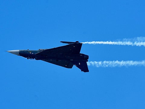 Tejas, an Indian indigenous aircraft flies during 93rd Indian Airforce Day celebration in Guwahati, India, on Saturday, November 8, 2025. 