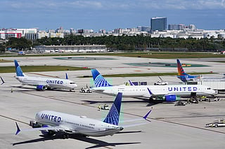 United Airlines aircraft move from the gate at Fort Lauderdale-Hollywood International Airport, Thursday, Nov. 13, 2025, in Fort Lauderdale, Fla. (AP Photo/Lynne Sladky)